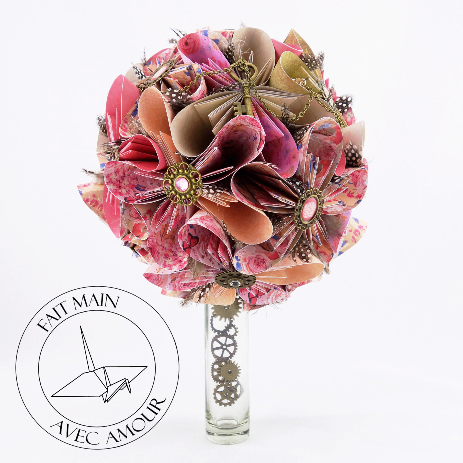 bouquet de fleurs personnalisé en papier et origami rose / violet