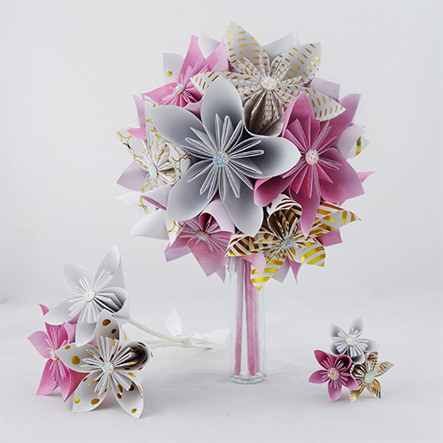 bouquet mariée rétro rose blanc et or en papier origami