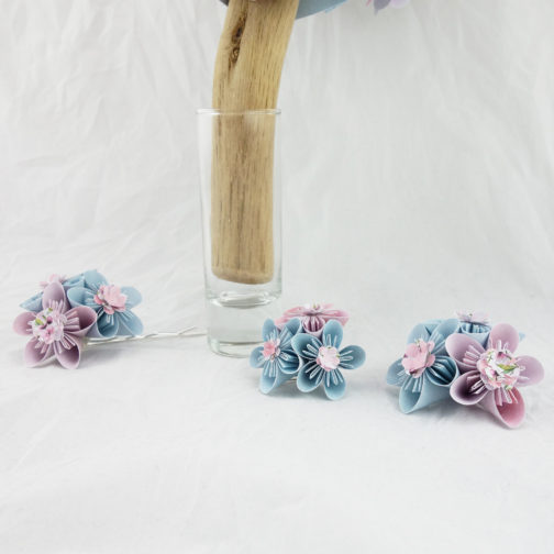 bouquet de mariée en origami personnalisé bleu et rose
