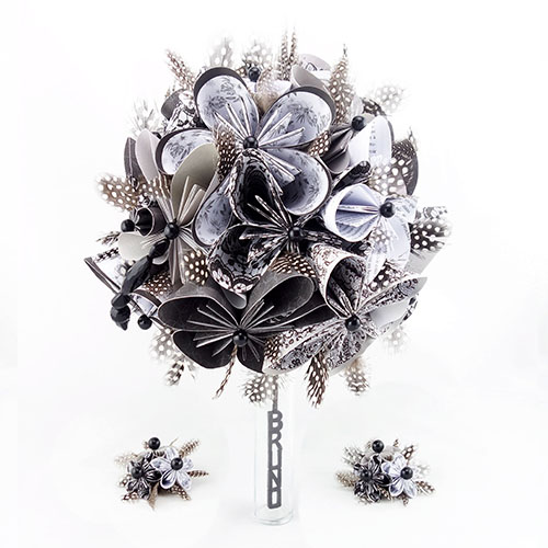 bouque mariee baroque rond blanc et noir