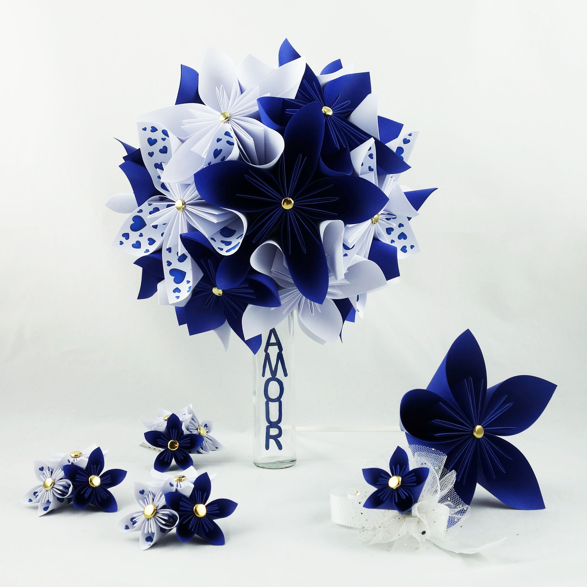 bouquet mariée bleu personnalisé papier origami bleu roi blanc or