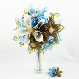 Bouquet de mariée bleu pâle et boutonnière personnalisés en origami