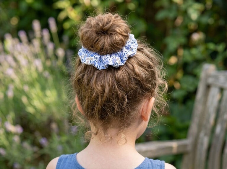 chouchou cheveux liberty pour enfant en tissu coton bleu ciel et blanc